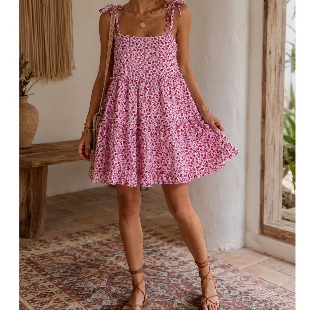 Entro Pink Floral Tiered Babydoll Mini Dress Tie Strap Cotton Summer Boho M pp